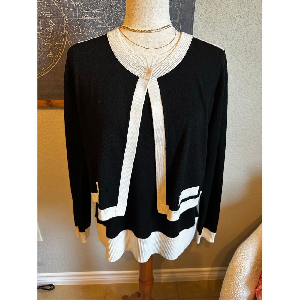 NWT Paule Ka Paris Contrast Black White Trim Wool Crewneck Overlay Top Sz Large
